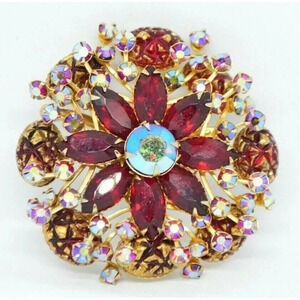Red Aurora Borealis Molded Glass Rhinestone Large Gold Tone Brooch